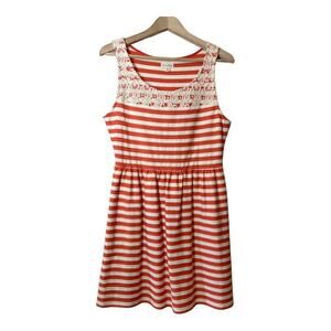 Maison Jules Sleeveless Dress Striped Coral Orange Ivory Lace Textured Medium